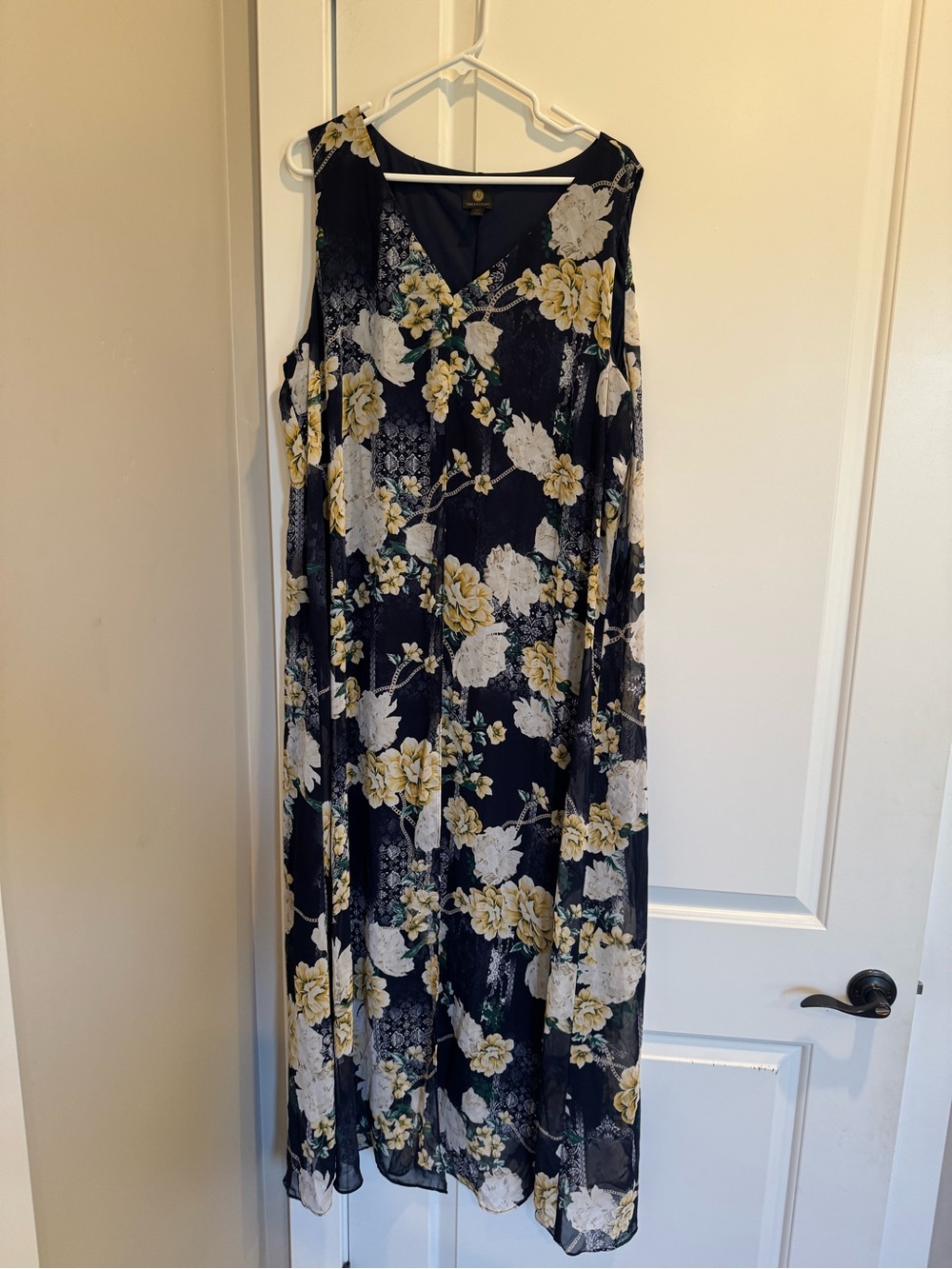 JM Collection Navy Floral V-Neck Maxi Dress with Yellow & White Flowers